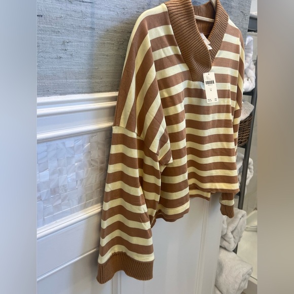 NWT new medium Anthropologie Maeve cotton boxy v-neck top tan yellow stripe - Picture 9 of 16